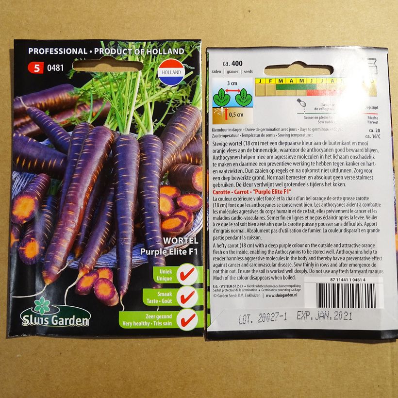 Esempio di esemplare Carota Purple Elite F1 sacchetto di semi 400 come consegnato