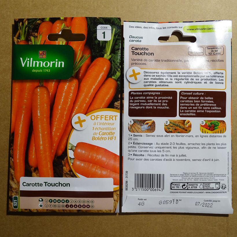 Esempio di esemplare Carota Touchon - Vilmorin sacchetto di semi 2000 (4g) come consegnato