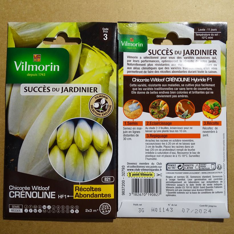 Esempio di esemplare Indivia Crénoline F1 (création Vilmorin) - Vilmorin sacchetto di semi 1800 (3g) come consegnato