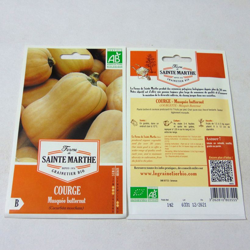 Esempio di esemplare Zucca moscata Butternut Bio - Ferme de Sainte Marthe sacchetto di semi 10 (1.2g) come consegnato