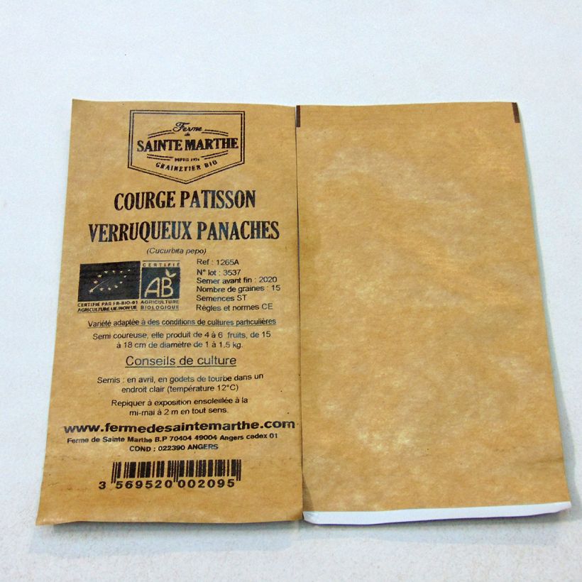 Esempio di esemplare Zucchino Patisson verruqueux panaché Bio - Ferme de Sainte Marthe sacchetto di semi 20 (1g) come consegnato