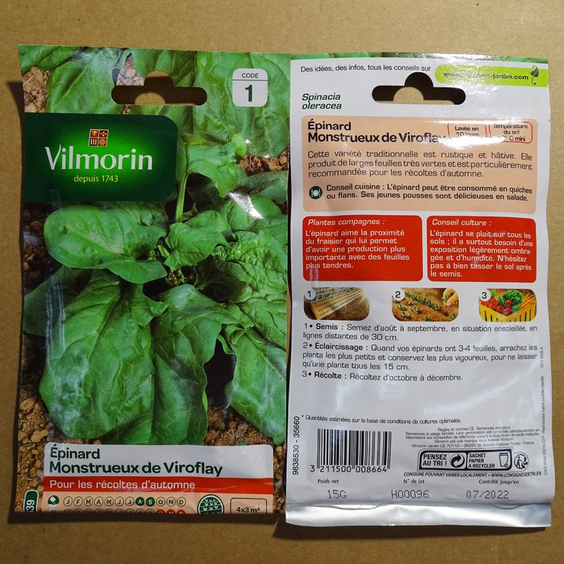 Esempio di esemplare Spinacio Mostruoso di Viroflay - Vilmorin sacchetto di semi 1500 (15g) come consegnato