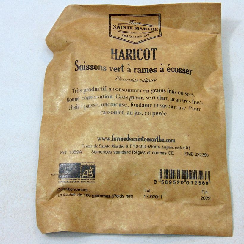 Esempio di esemplare Fagiolo rampicante da sgranare Soissons Vert Bio - Ferme de Sainte Marthe sacchetto di semi 200 (100g) come consegnato