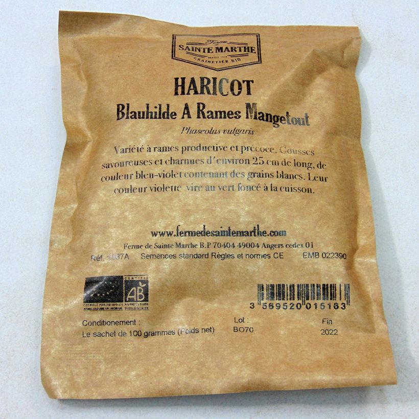 Esempio di esemplare Fagiolino Blauhilde Bio - Ferme de Sainte Marthe sacchetto di semi 200 (80g) come consegnato