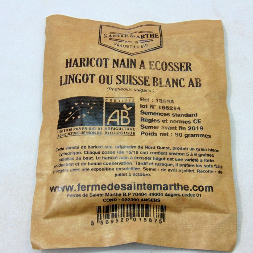 Esempio di esemplare Fagiolo da sgranare Lingot suisse blanc Bio - Ferme de Sainte Marthe sacchetto di semi 160 (80g) come consegnato