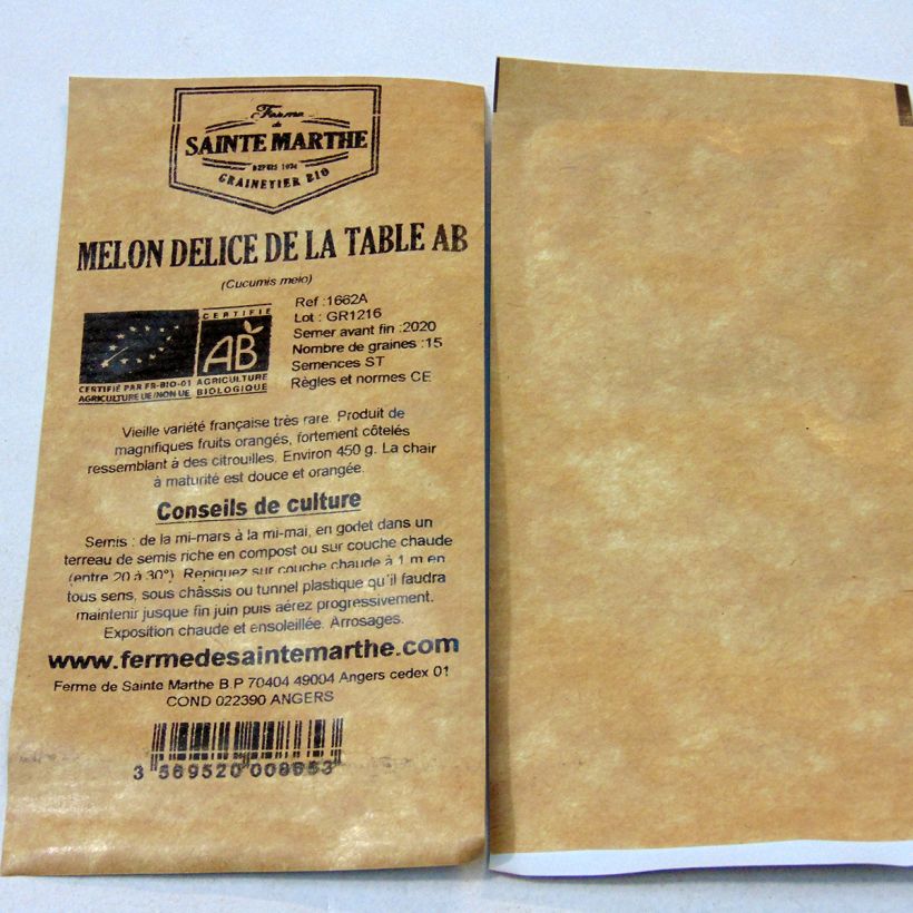 Esempio di esemplare Melone Delice de la Table Bio - Ferme de Sainte Marthe sacchetto di semi 15 come consegnato
