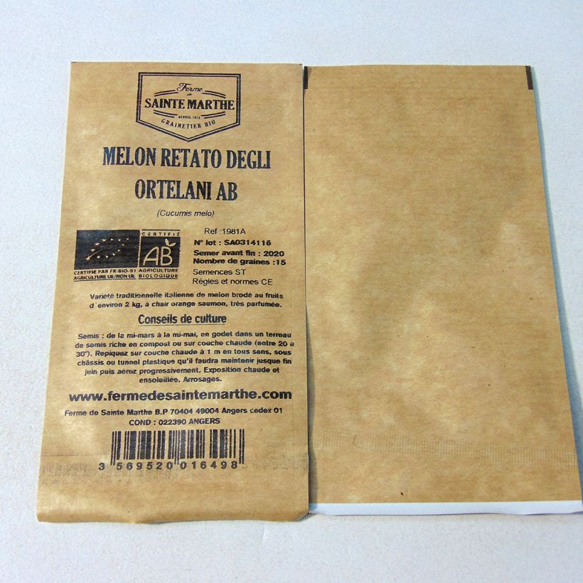 Esempio di esemplare Melone Rerato Degli Ortolani Bio - Ferme de Sainte Marthe sacchetto di semi 15 (Sachet de 15 grainesg) come consegnato