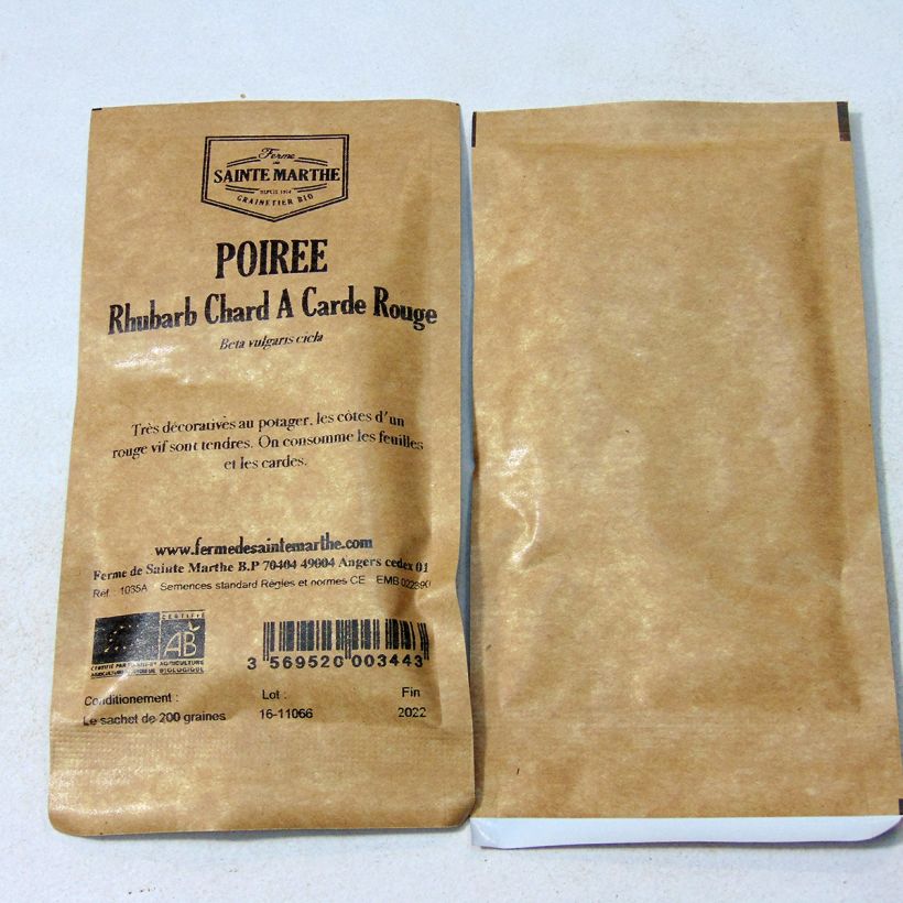 Esempio di esemplare Bietola da coste Rhubarb Chard Bio - Ferme de Sainte Marthe sacchetto di semi 100 (4g) come consegnato