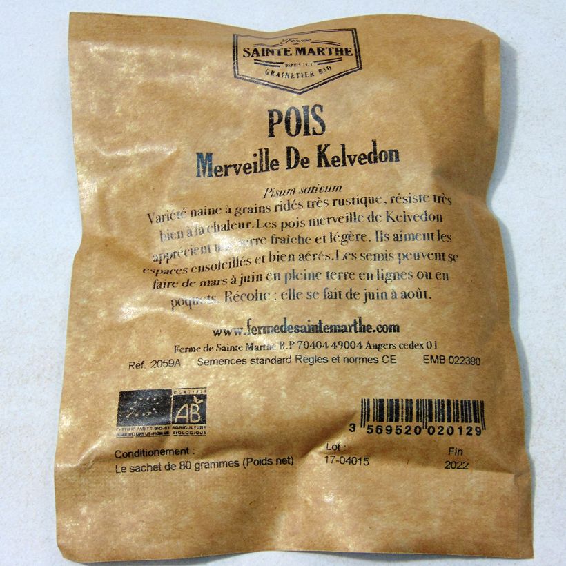 Esempio di esemplare Pisello a semi rugosi nano Merveille de Kelvedon Bio - Ferme de Sainte Marthe sacchetto di semi da 80 grammi come consegnato