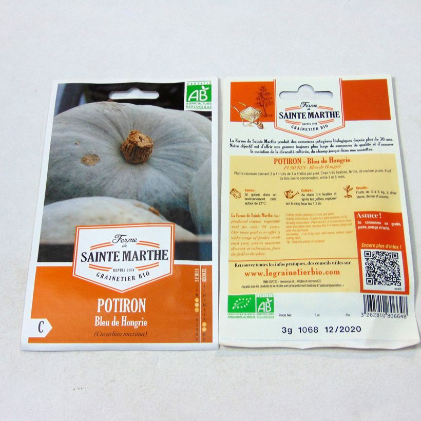 Esempio di esemplare Zucca Blu d'Ungheria Bio - Ferme de Sainte Marthe sacchetto di semi 8 (3g) come consegnato