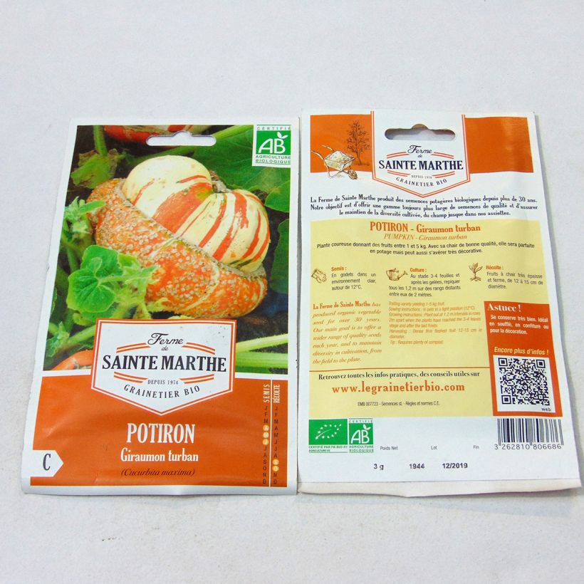 Esempio di esemplare Zucca Giraumon Turban Bio - Ferme de Sainte Marthe sacchetto di semi 10 (3g) come consegnato