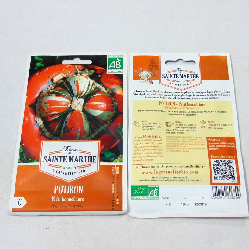 Esempio di esemplare Zucca Turbante turco Bio - Ferme de Sainte Marthe sacchetto di semi 8 (2g) come consegnato