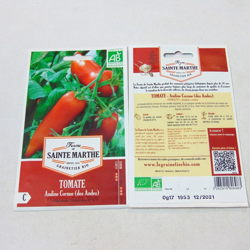 Esempio di esemplare Pomodoro lungo Corno delle Ande Bio - Ferme de Sainte Marthe sacchetto di semi 50 come consegnato