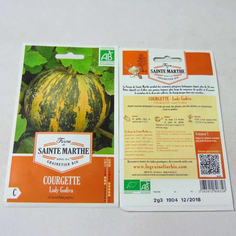 Esempio di esemplare Zucchino Lady Godiva Bio - Ferme de Sainte Marthe sacchetto di semi 8 (2.3g) come consegnato
