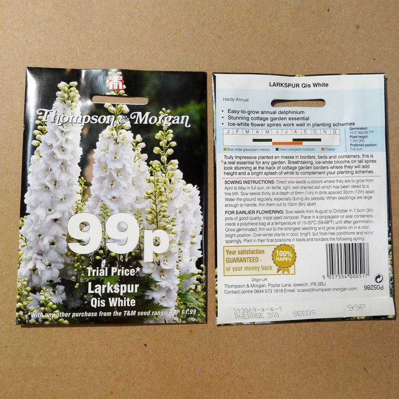 Esempio di esemplare Delphinium consolida Qis White (semi Thompson & Morgan) - Speronella consolida sacchetto di semi 300 (1g) come consegnato