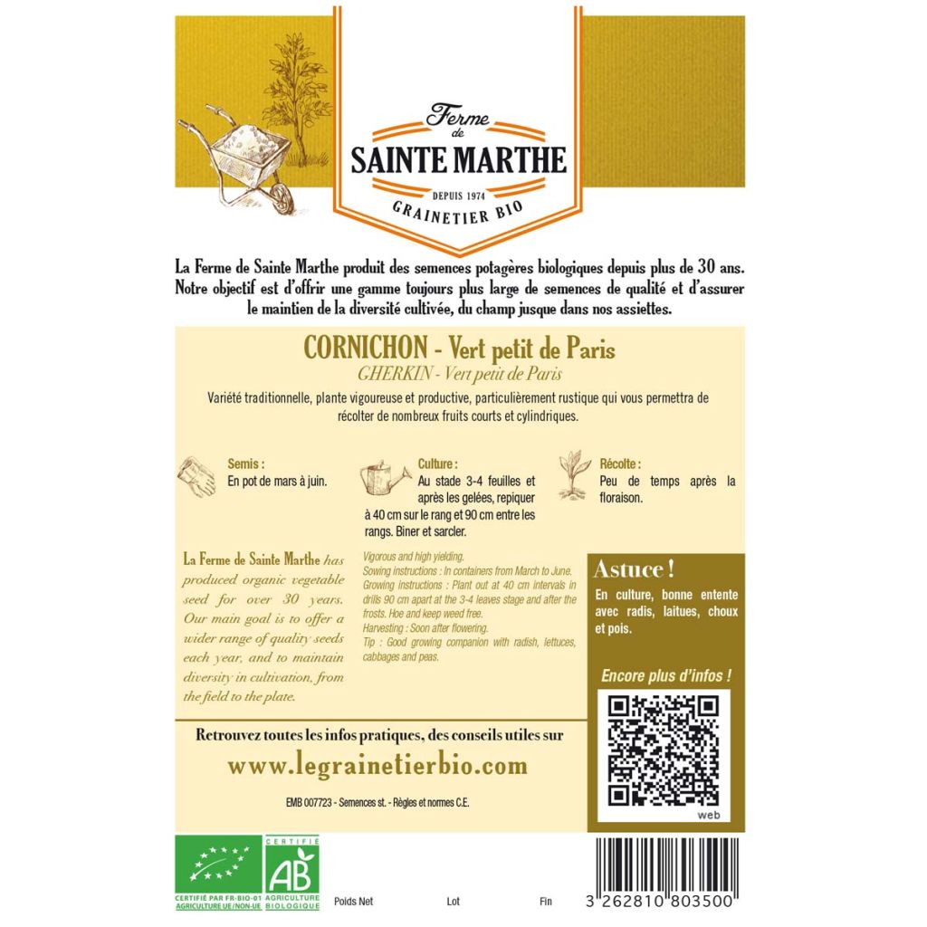 Cetriolino per sottaceto Verde Petit de Paris Bio - Ferme de Sainte Marthe